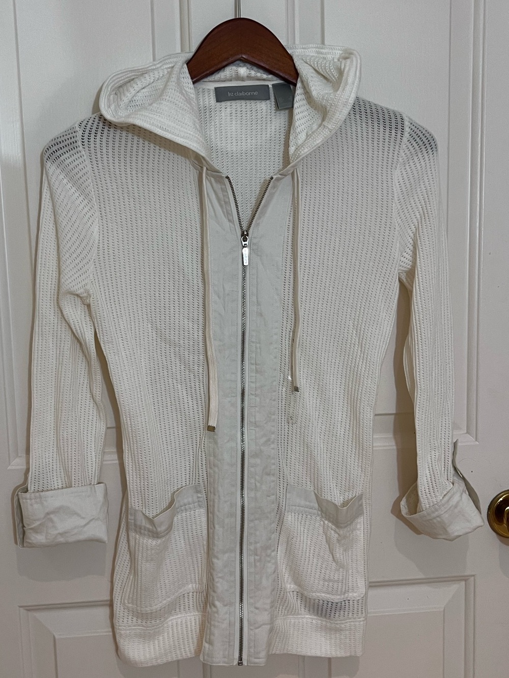 NEW Liz Claiborne Women's Lightweight Cream Hooded Zip-Front Knit Jacket